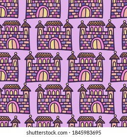 Seamless vector colorful illustration pattern design of silhouette of lined medieval cartoon castles in dark. The design is perfect for decorations, stickers, badges, logos, coloring, textiles, bags