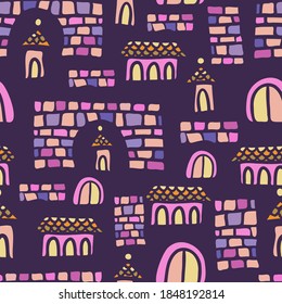Nahtlose Vektorgrafik Muster Design der Silhouette von ausgekleideten mittelalterlichen Cartoon Burgen in violett. Das Design eignet sich perfekt für Dekorationen, Aufkleber, Abzeichen, Logos, Farbstoffe, Textilien, Taschen und Taschen