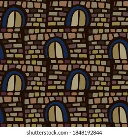 Diseño de patrones de ilustración de color vectorial sin foco de la silueta de la pared del castillo medieval de dibujos animados alineados en la oscuridad. El diseño es perfecto para decoraciones, pegatinas, insignias, logotipos, colorantes, textiles