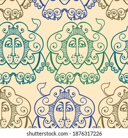 Seamless vector colorful illustration pattern of ornamental lined lion symboll zodiac lion sign in pastel colors. The design is perfect for wrapping paper, backgrounds, advertisements, textiles