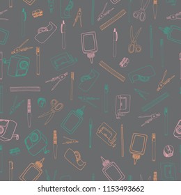 Seamless vector colorful line art office supplies and back to school stationery pattern with dark background. Great for school supplies and office stationery  products, packaging, fabric, backgrounds.