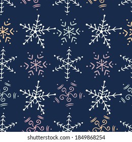 Seamless vector colorful pattern abstract design of lined silhouette ornamental snowflakes on dark blue. The design is perfect for textiles, backgrounds, decorations, wrapping paper, advertisements
