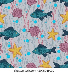 Seamless vector colorful pattern with blue fishes, yellow starfishes and pink seashells ongray background. Good print design for textile, packaging design and wrapping paper.