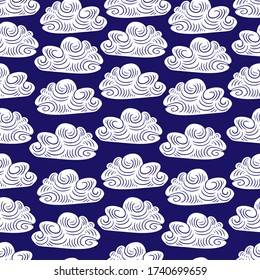 Seamless vector colorful pattern of cute cartoon light lined clouds in blue. The design is perfect for backgrounds, sheets, wallpapers, wrapping paper, decorations, surfaces, textiles.