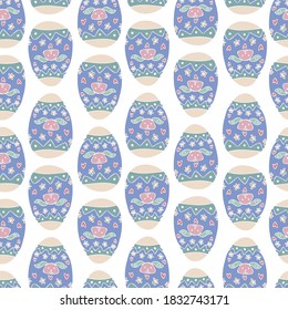 Seamless vector colorful pattern of cute easter eggs with bunny snouts and floral ornament in pastel blue on white background. The design is perfect for packaging, decorations, textiles, backgrounds