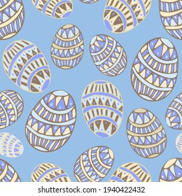 Seamless vector colorful pattern of cute bunnies and ornamental decorated eggs and hearts in pastel blue tones. The design is perfect for packaging, decorations, textiles, backgrounds