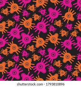 Seamless vector colorful pattern of decorative small insects ornamental pink and orange spiders on dark background. Perfect for decorations, textiles, advertisements, surfaces, wrapping paper