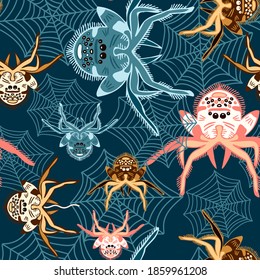 Seamless vector colorful pattern of decorative ornamental insects spiders on turquoise background. Halloween decorative design. Perfect for decoration, textile, advertisement, surfaces, wrapping paper