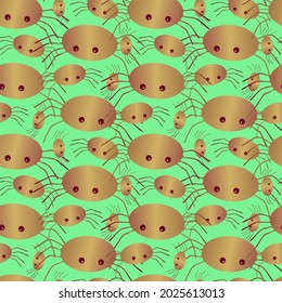 Seamless vector colorful pattern of decorative insects spiders in pastel yellow on light green. Halloween decorative design. Perfect for decorations, textiles, advertisements, surfaces, wrapping paper