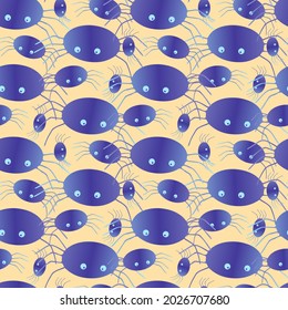 Seamless vector colorful pattern of decorative insects spiders in dark blue on pastel yellow. Halloween decorative design. Perfect for decorations, textiles, advertisements, surfaces, wrapping paper