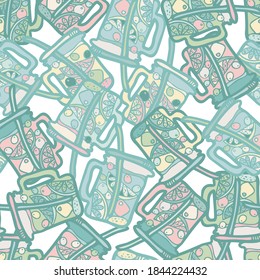 Seamless vector colorful pattern design of lined ornamental glass mug of fruit tea with citrus fruits and berries. The design is perfect for textiles, backgrounds, wrapping paper, packages, napkins