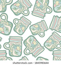 Seamless vector colorful pattern design of lined ornamental glass mug of fruit tea with pears and berries. The design is perfect for textiles, backgrounds, wrapping paper, packages, napkins