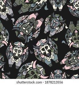Nahtlose Vektorgrafik-Muster-Design des Zierbull-Symbols auf dunklem zodiac taurus Zeichen. Das Design ist perfekt für Aufkleber, Logos, Dekorationen, Tattoos, Badges
