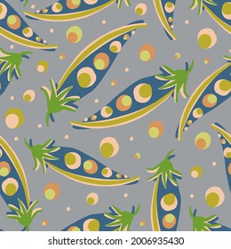 Seamless vector colorful pattern design illustration of cartoon peas in dull grey tones. The design is perfect for decorations, wrapping paper, stationery, packaging