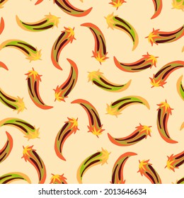 Impresión vectorial sin foco de diseño colorido de dibujos animados de pimienta caliente en tonos rojos sobre fondo amarillo pastel. El diseño es perfecto para decoraciones, papel de embalaje, papel de papelería, embalaje