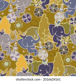 Seamless vector colorful pattern design of a cute cycling elephant on bicycle in park. The design is perfect for cards, coloring, textiles, illustrations, badges, stickers