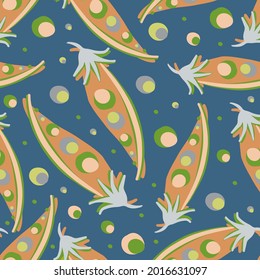 Seamless vector colorful pattern design illustration of orange cartoon peas on blue background. The design is perfect for decorations, wrapping paper, stationery, packaging