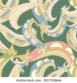 Seamless vector colorful pattern design illustration of cartoon peas in pastel tones. The design is perfect for decorations, wrapping paper, stationery, packaging
