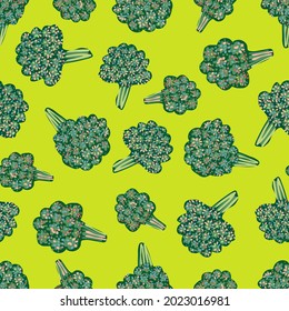 Seamless vector colorful pattern design illustration of cartoon broccoli in green tones. The design is perfect for decorations, wrapping paper, stationery, packaging
