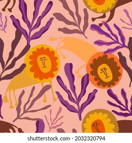 Seamless vector colorful pattern design with stylised lions and leaves in pastel colors. The design is suitable for children clothes, wallpaper, stationary, sheets, wrapping paper.