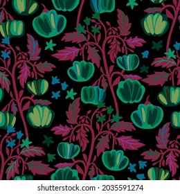 Seamless vector colorful pattern design set of decorative abstract tomatoes on a bush in dark green and red tones. The design is perfect for textiles, backgrounds, wrapping paper, packaging.