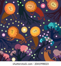 Seamless vector colorful pattern design with yellow stylised lions and trees in dark tonesSeamless vector colorful pattern design with colorful stylised lions and leaves on dark background