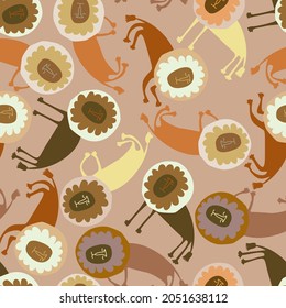 Seamless vector colorful pattern design with stylised orange lions in warm pastel tones. The design is suitable for children clothes, wallpaper, stationary, sheets, wrapping paper.