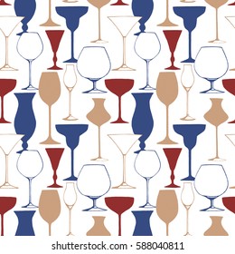 seamless vector colorful pattern design with hand drawn cocktail wine champagne sherry cognac glasses