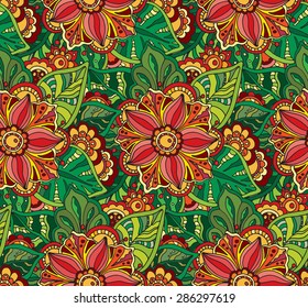 Seamless vector colorful pattern with Doodle flowers and leaves. Can be used for wallpaper, pattern fills, web page background, surface textures