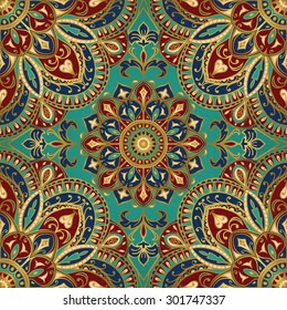Seamless vector colorful pattern. East ornament with gold contour and colorful details on the turquoise background. Tracery of mandalas for textile.