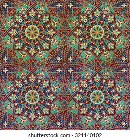 Seamless vector colorful pattern. East ornament with gold contour and colorful details on the turquoise background. Template for carpet. Elegant backdrop with oriental ornaments of mandalas.