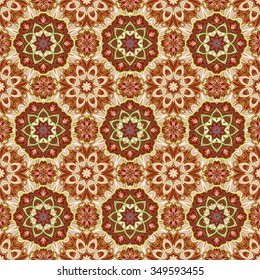 Seamless vector colorful pattern. East ornament with colorful details on the turquoise background. Tracery of mandalas for textile