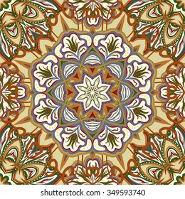 Seamless vector colorful pattern. East ornament with colorful details on the turquoise background. Tracery of mandalas for textile