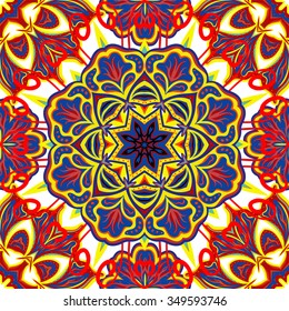Seamless vector colorful pattern. East ornament with colorful details on the turquoise background. Tracery of mandalas for textile