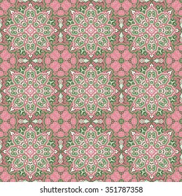 Seamless vector colorful pattern. East tender ornament colorful details on the turquoise background. Tracery of mandalas for textile.
