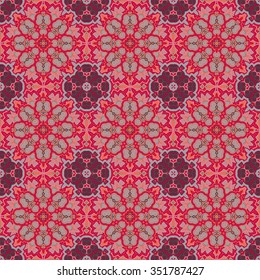 Seamless vector colorful pattern. East red ornament colorful details on the turquoise background. Tracery of mandalas for textile.