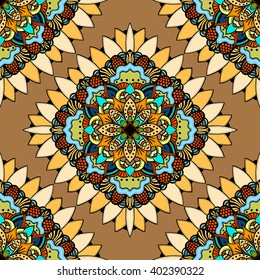 Seamless vector colorful pattern. East ornament with gold contour and colorful details on the turquoise background. Tracery of mandalas for textile.