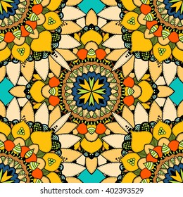 Seamless vector colorful pattern. East ornament with gold contour and colorful details on the turquoise background. Tracery of mandalas for textile.