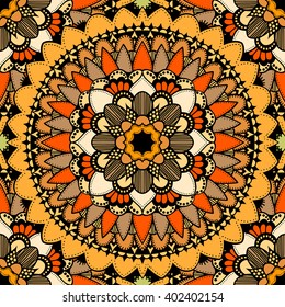 Seamless vector colorful pattern. East ornament with gold contour and colorful details on the turquoise background. Tracery of mandalas for textile.