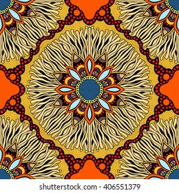 Seamless vector colorful pattern. East ornament with gold contour and colorful details on the turquoise background. Tracery of mandalas for textile.