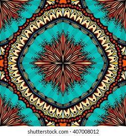 Seamless vector colorful pattern. East ornament with gold contour and colorful details on the turquoise background. Tracery of mandalas for textile.