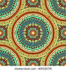 Seamless vector colorful pattern. East ornament with gold contour and colorful details on the turquoise background. Tracery of mandalas for textile.
