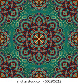 Seamless vector colorful pattern. East ornament with gold contour and colorful details on the turquoise background. Design of mandalas for textile. Template for carpet.
