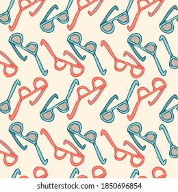 Seamless vector colorful pattern of glasses and sunglasses in pastel pink and blue. The design is perfect for packaging, backgrounds, textiles, advertisements, wrapping paper