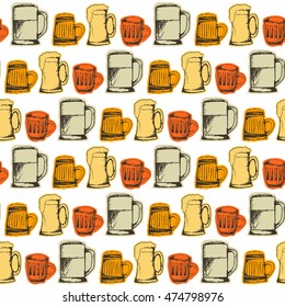 seamless vector colorful pattern with hand drawn glasses of beer