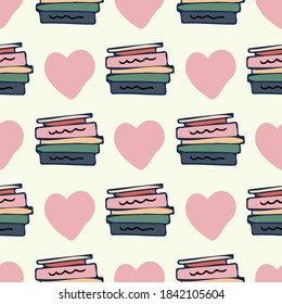 Seamless vector colorful pattern illustration of pile of books and hearts in pastel colors on white background. The design is perfect for decorations, textiles, pyjamas, stationary, advertisements