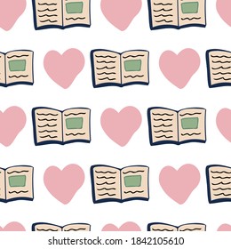 Seamless vector colorful pattern illustration of opened books and hearts in pastel colors on white background. The design is perfect for decorations, textiles, pyjamas, stationary, advertisements