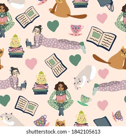 Seamless vector colorful pattern illustration of girls reading books with cats, hearts and tea pots and cups in pastel colors. The design is perfect for decorations, textiles, pyjamas, stationary