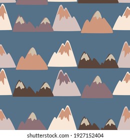 Seamless vector colorful pattern illustration of mountains in lines in pastel tones on blue background. The design is perfect for textiles, backgrounds, advertisements, wrapping paper, stationary