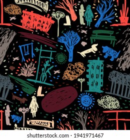 Seamless vector colorful pattern illustration lined sketch of abstract city street in bright tones on black background. The design is perfect for textiles, backgrounds, wrapping paper, decorations